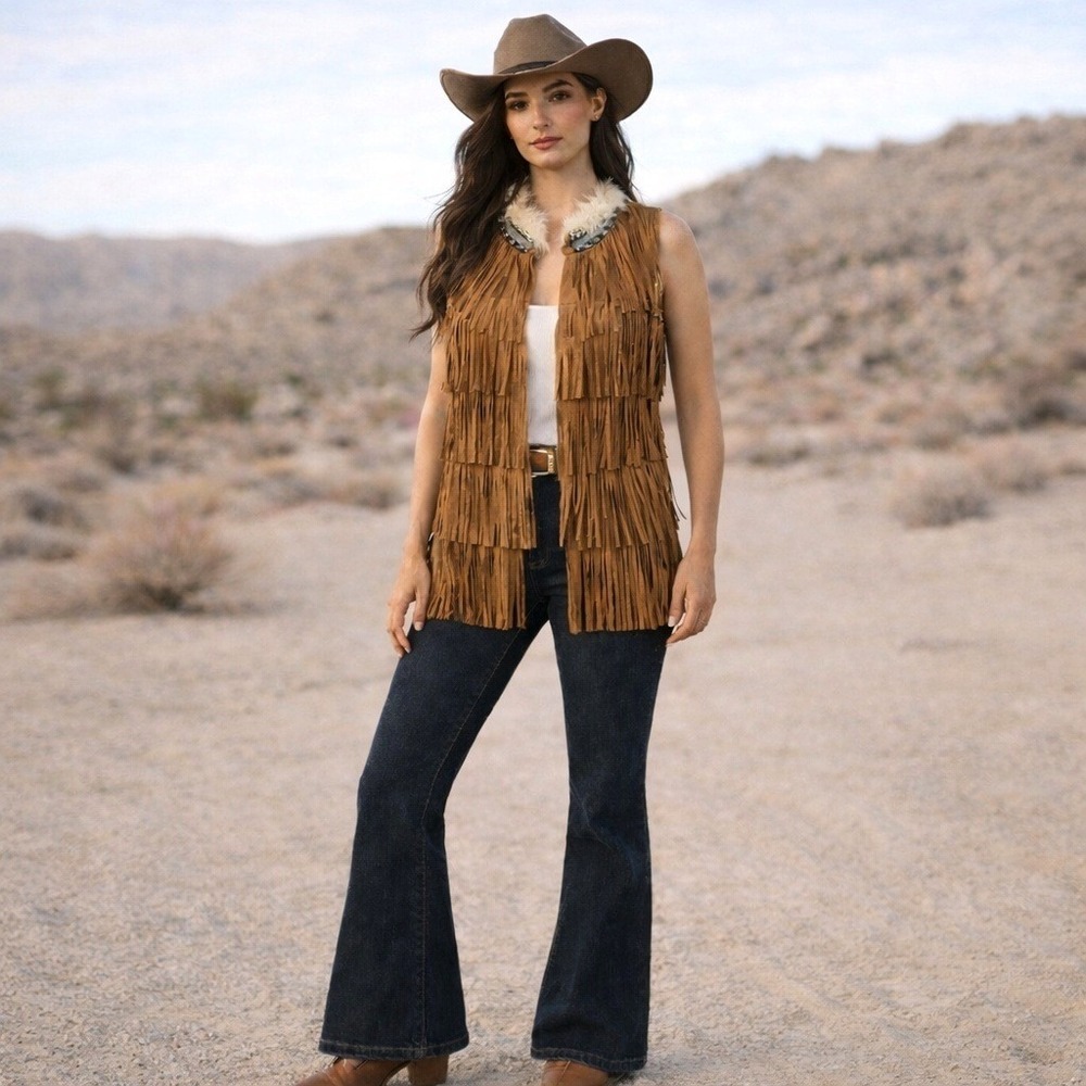 Miss Me Suede Fringe Vest Western Cowgirl Rodeo Boho Festival Size M Vintage